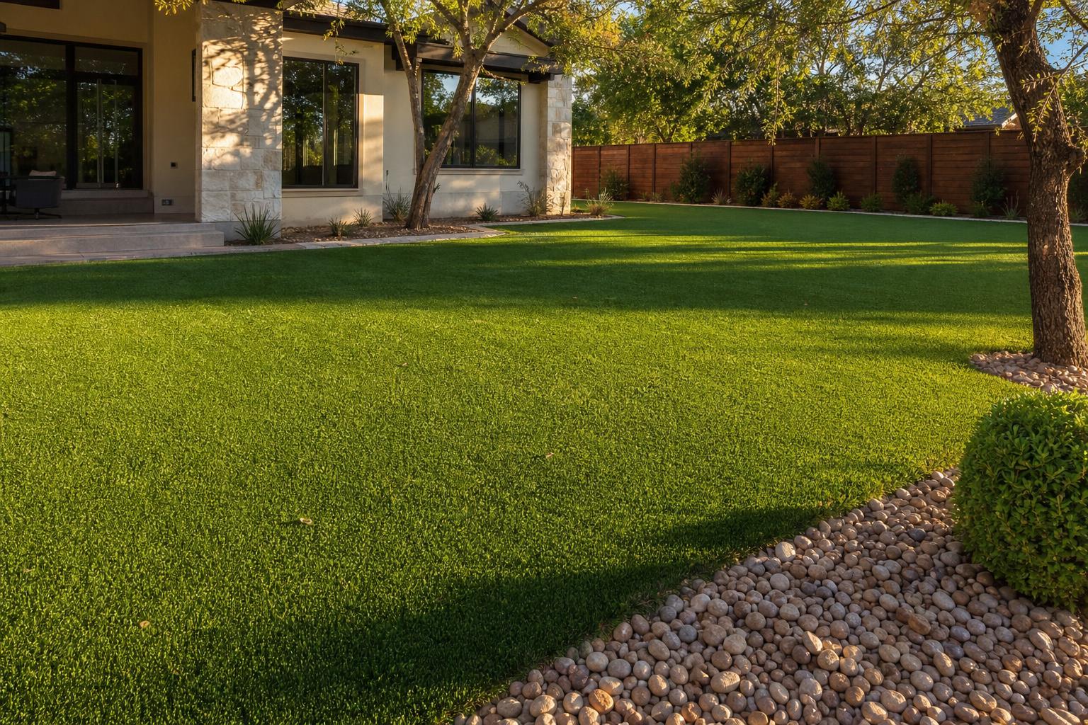 Mature artificial turf lawn in a Plano TX backyard, still vibrant after years of use